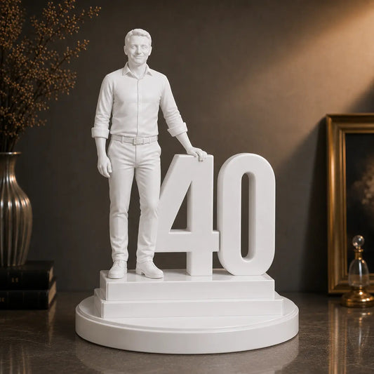 Figurka 3D mężczyzny z cyfrą 40 ze zdjęcia – prezent na 40 urodziny