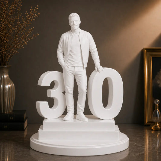 Figurka 3D mężczyzny z cyfrą 30 ze zdjęcia – prezent na 30 urodziny