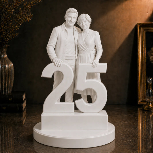 Figurka 3D pary przy cyfrze 25 ze zdjęcia – prezent na srebrną rocznicę ślubu