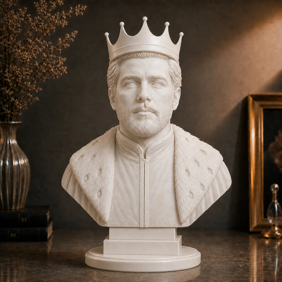 Personalizowana figurka 3D mężczyzny w koronie – popiersie w stylu królewskim
