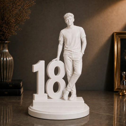 Figurka 3D mężczyzny z cyfrą 18 ze zdjęcia – prezent na 18 urodziny