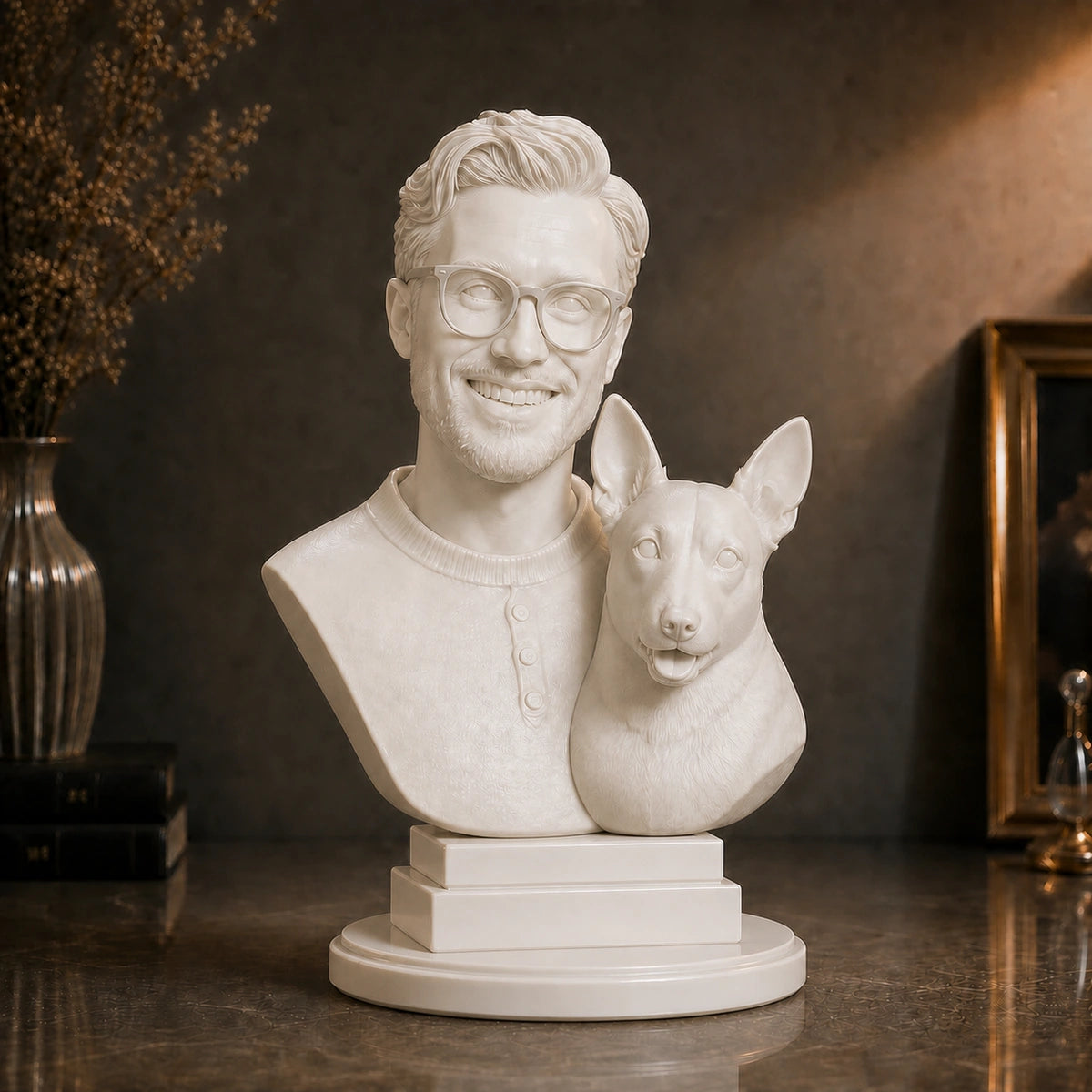 Personalizowana figurka 3D mężczyzny z psem wykonana na podstawie zdjęć – prezent dla miłośnika psów