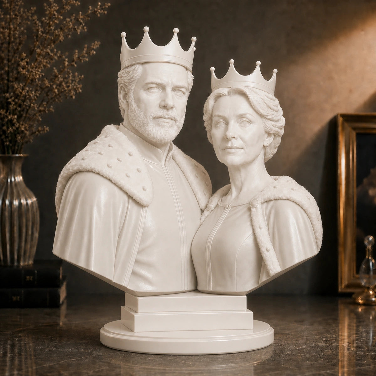 Personalizowana figurka 3D pary w koronach – podwójne popiersie w stylu królewskim