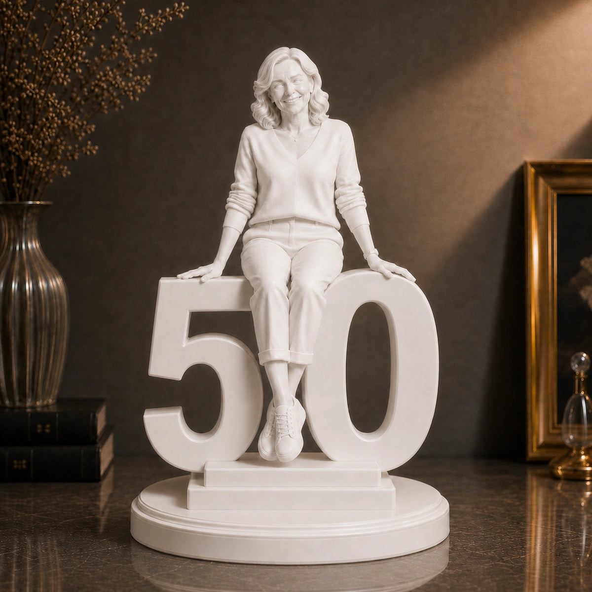 Personalizowana figurka 3D kobiety z cyfrą 50 ze zdjęcia – wyjątkowy prezent dla niej na 50 urodziny